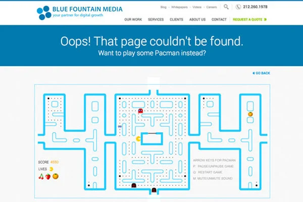 404 error page example Blue Fountain-media-pacman